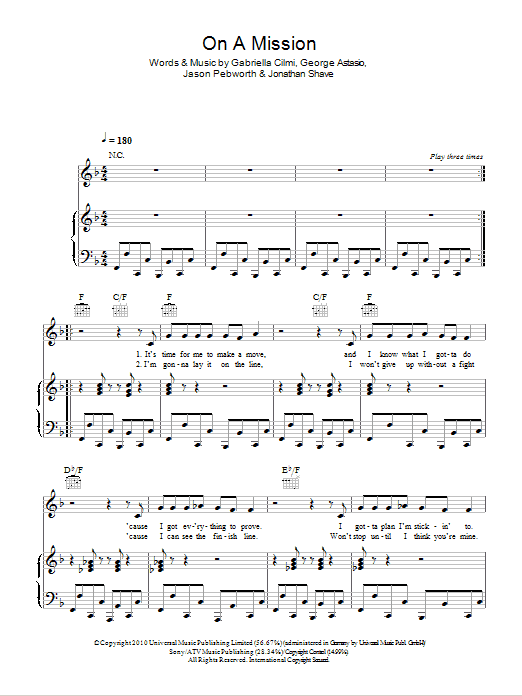 Gabriella Cilmi On A Mission sheet music notes and chords arranged for Piano, Vocal & Guitar Chords