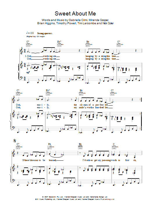 Gabriella Cilmi Sweet About Me sheet music notes and chords arranged for Piano, Vocal & Guitar Chords