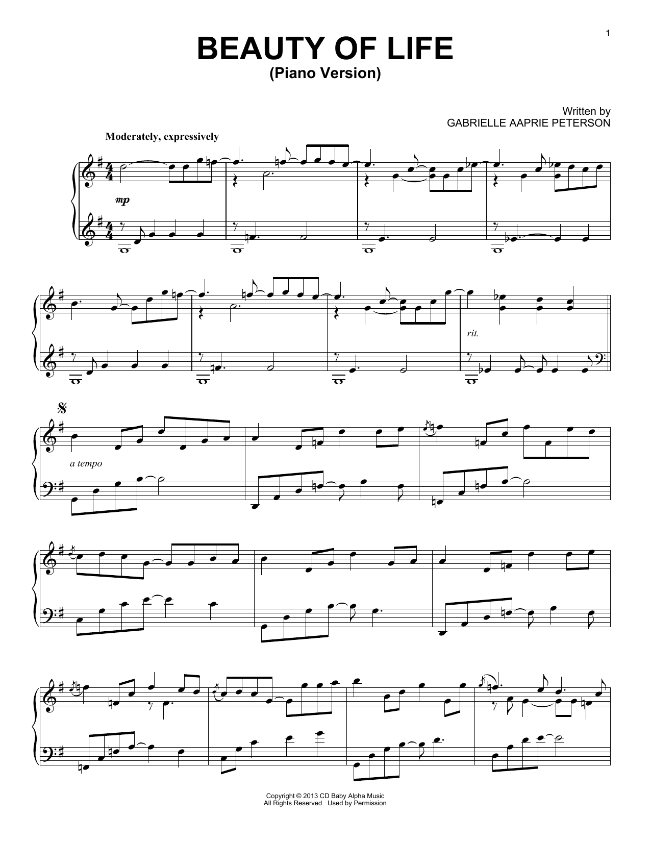 Gabrielle Aapri Beauty Of Life sheet music notes and chords arranged for Piano Solo