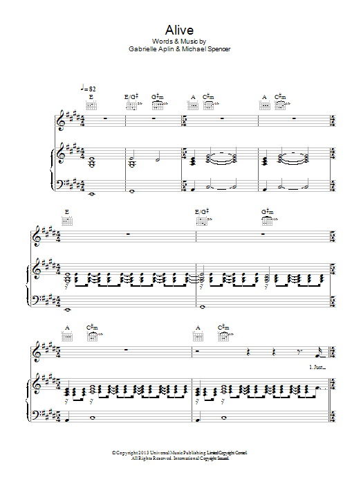 Gabrielle Aplin Alive sheet music notes and chords arranged for Piano, Vocal & Guitar Chords