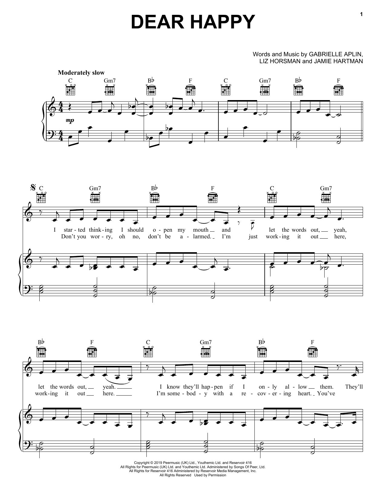 Gabrielle Aplin Dear Happy sheet music notes and chords arranged for Piano, Vocal & Guitar Chords (Right-Hand Melody)