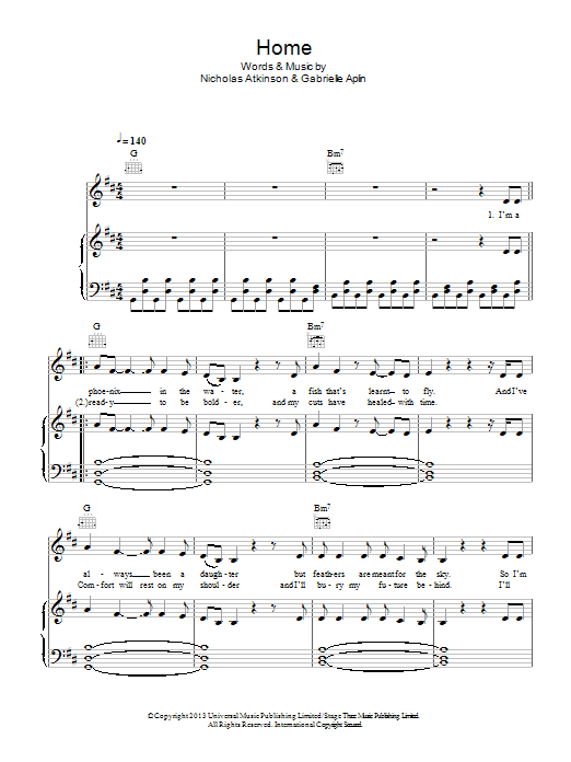 Gabrielle Aplin Home sheet music notes and chords arranged for Piano, Vocal & Guitar Chords