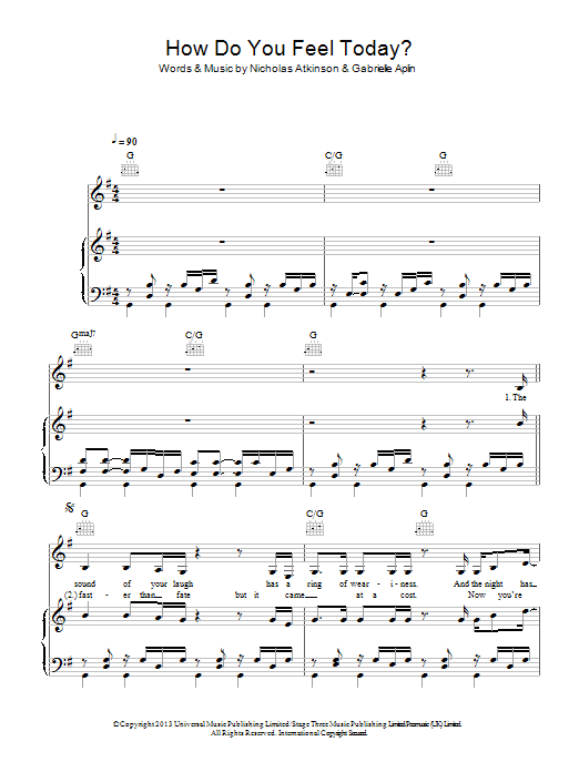 Gabrielle Aplin How Do You Feel Today? sheet music notes and chords arranged for Piano, Vocal & Guitar Chords