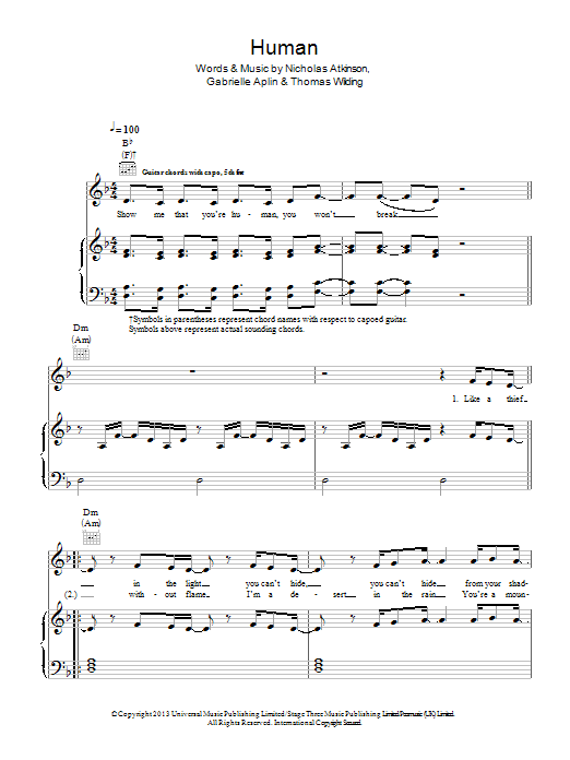 Gabrielle Aplin Human sheet music notes and chords arranged for Piano, Vocal & Guitar Chords