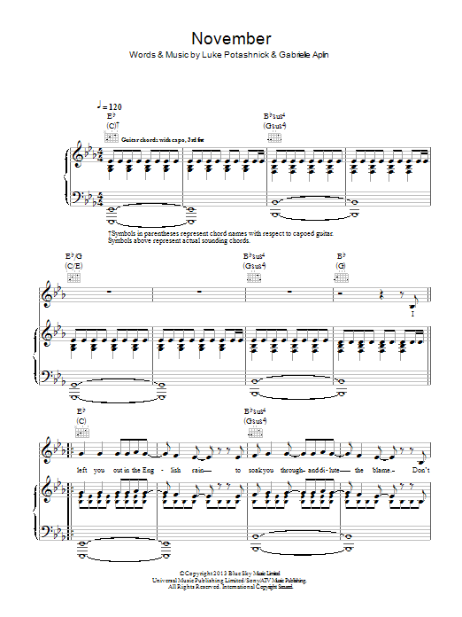 Gabrielle Aplin November sheet music notes and chords arranged for Piano, Vocal & Guitar Chords