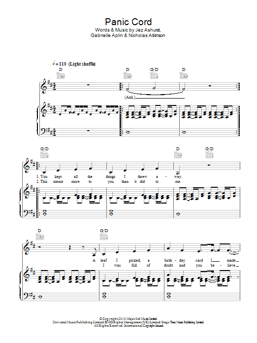 Gabrielle Aplin Panic Cord sheet music notes and chords arranged for Alto Sax Solo