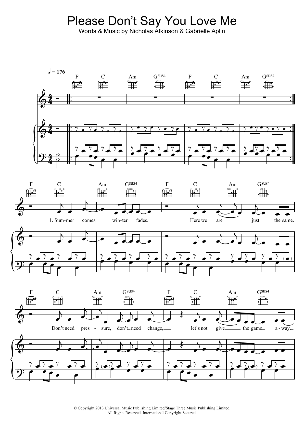 Gabrielle Aplin Please Don't Say You Love Me sheet music notes and chords arranged for Piano, Vocal & Guitar Chords