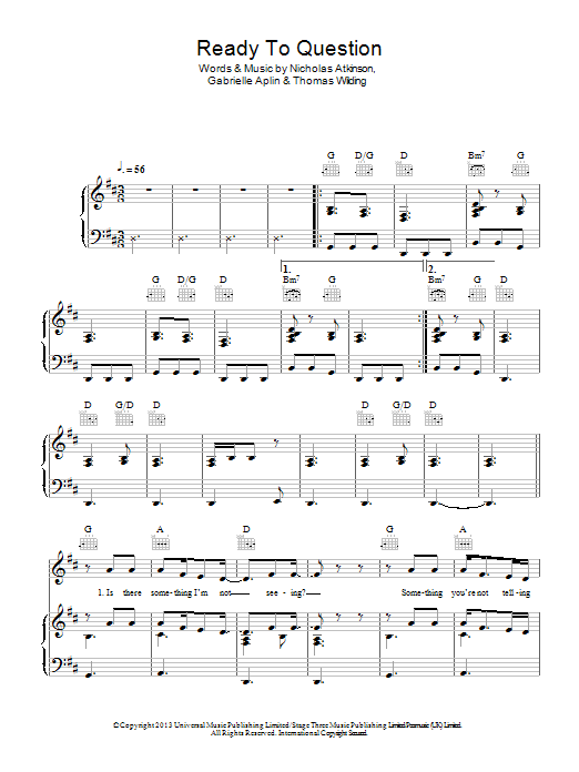 Gabrielle Aplin Ready To Question sheet music notes and chords arranged for Piano, Vocal & Guitar Chords
