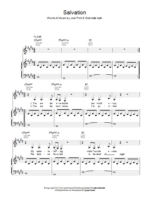 Gabrielle Aplin Salvation sheet music notes and chords arranged for Piano, Vocal & Guitar Chords