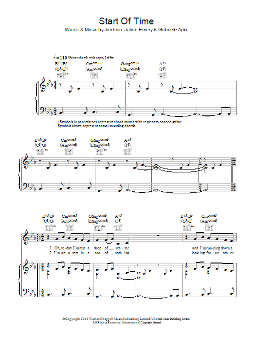 Gabrielle Aplin Start Of Time sheet music notes and chords arranged for Piano, Vocal & Guitar Chords