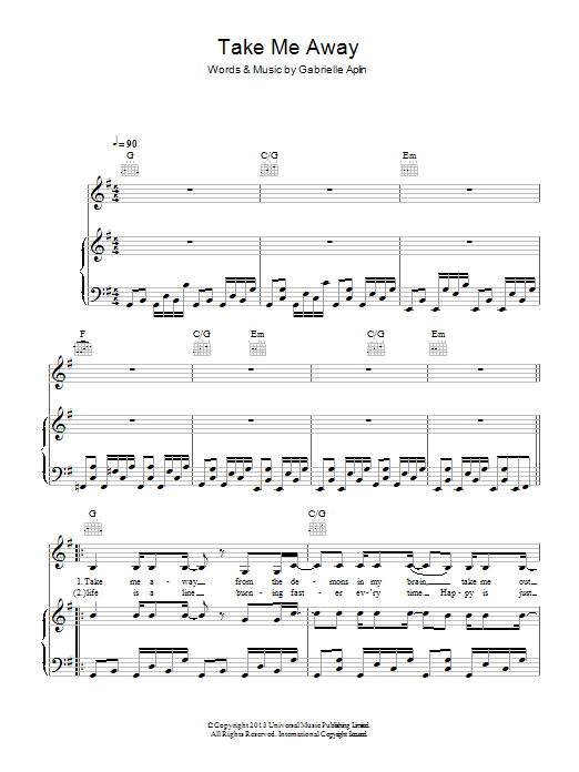 Gabrielle Aplin Take Me Away sheet music notes and chords arranged for Piano, Vocal & Guitar Chords