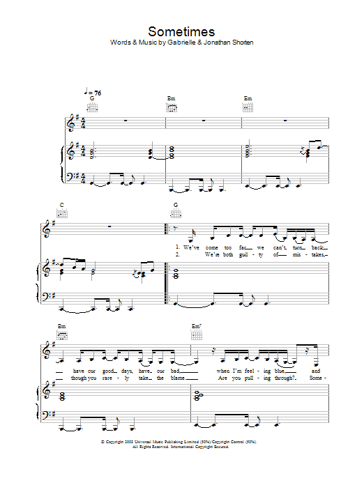 Gabrielle Sometimes sheet music notes and chords arranged for Piano, Vocal & Guitar Chords