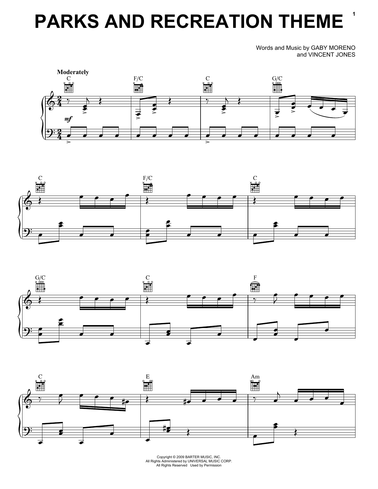 Gaby Moreno and Vincent Jones Parks And Recreation Theme sheet music notes and chords arranged for Big Note Piano