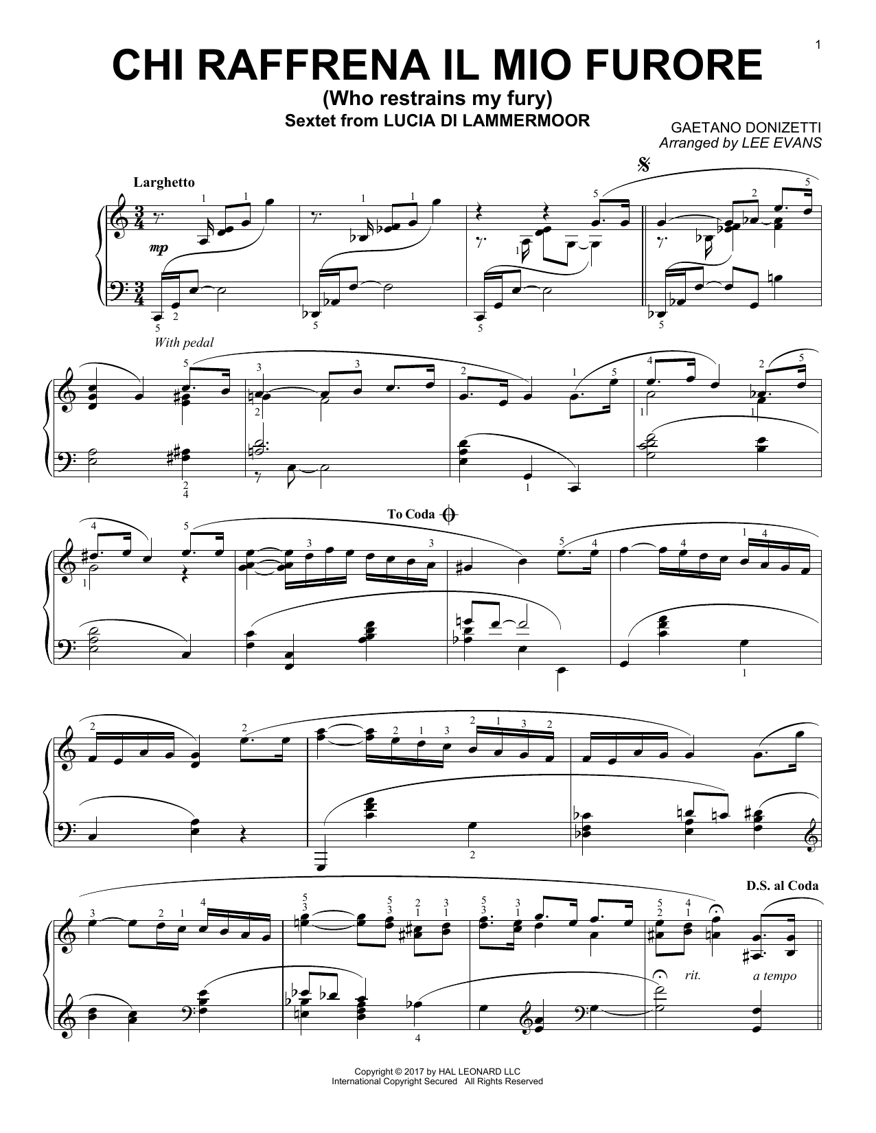 Gaetano Donizetti Sextet (Chi Raffrena Il Mio Furore) (arr. Lee Evans) sheet music notes and chords arranged for Piano Solo