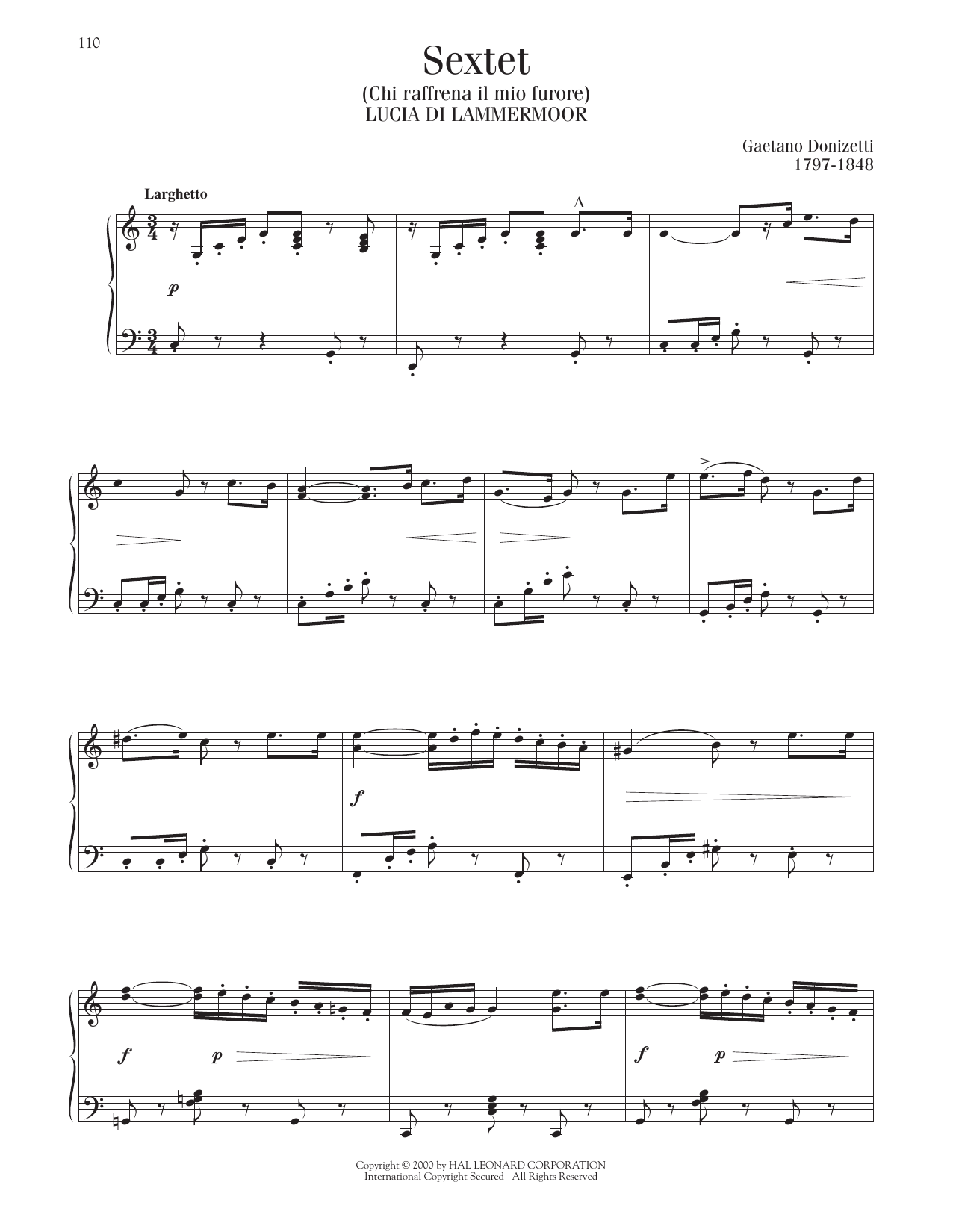 Gaetano Donizetti Sextet (Chi Raffrena Il Mio Furore) sheet music notes and chords arranged for Piano Solo