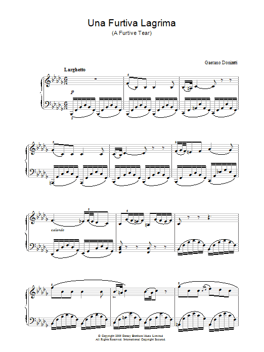 Gaetano Donizetti Una Furtiva Lagrima (A Furtive Tear) sheet music notes and chords arranged for Piano Solo