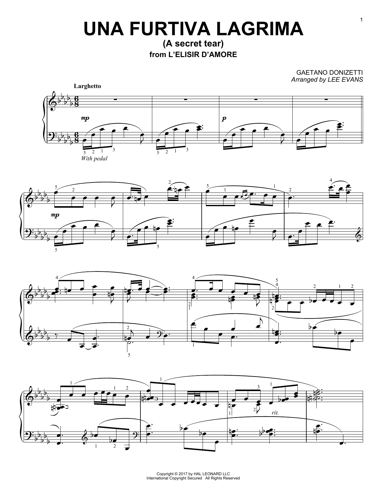 Gaetano Donizetti Una Furtiva Lagrima (The Elixir Of Love) (arr. Lee Evans) sheet music notes and chords arranged for Piano Solo