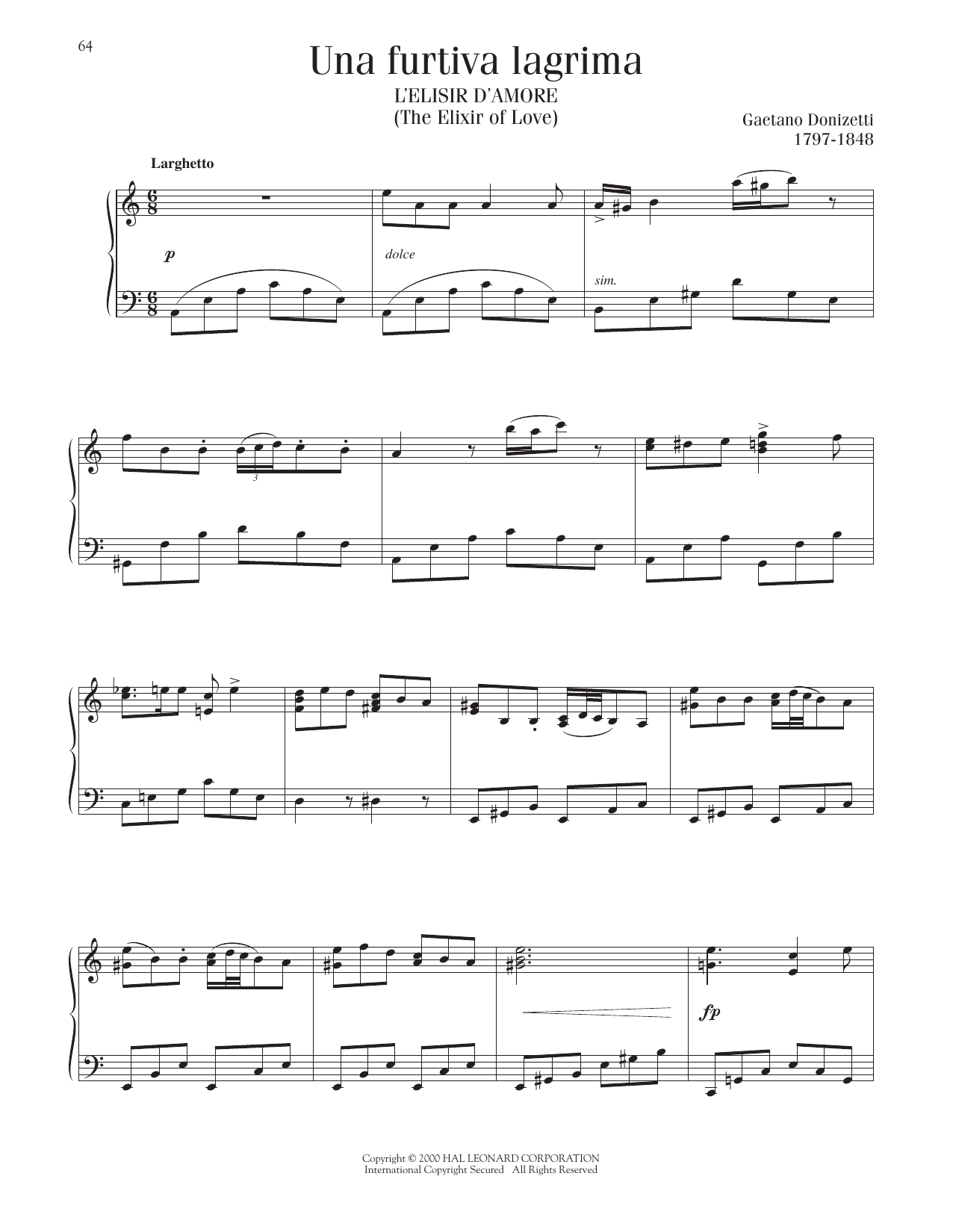 Gaetano Donizetti Una Furtiva Lagrima (The Elixir Of Love) sheet music notes and chords arranged for Piano, Vocal & Guitar Chords (Right-Hand Melody)