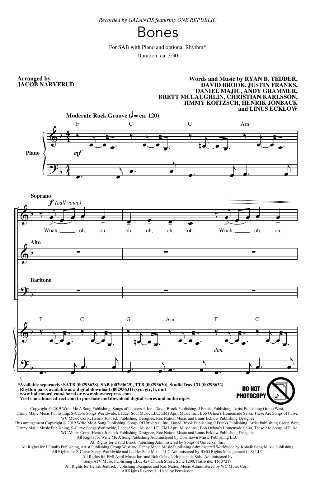 Galantis Bones (feat. OneRepublic) (arr. Jacob Narverud) sheet music notes and chords arranged for SAB Choir