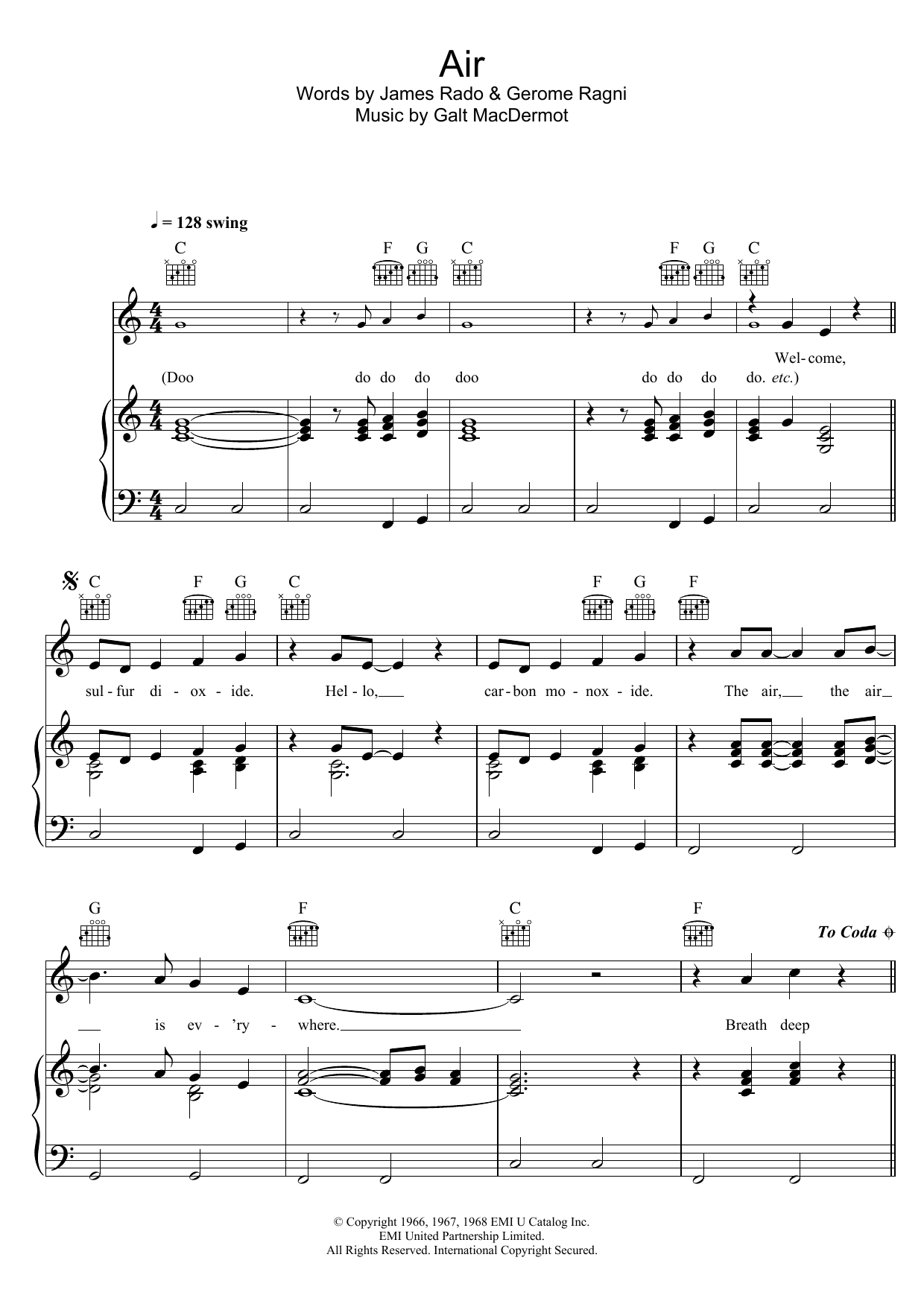 Galt MacDermot Air (from Hair) sheet music notes and chords arranged for Piano, Vocal & Guitar Chords
