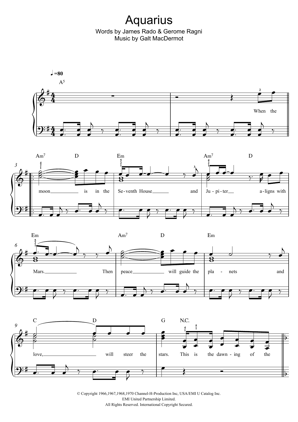Galt MacDermot Aquarius (from 'Hair') sheet music notes and chords arranged for Easy Piano