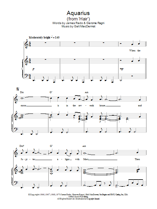 Galt MacDermot Aquarius sheet music notes and chords arranged for Piano, Vocal & Guitar Chords