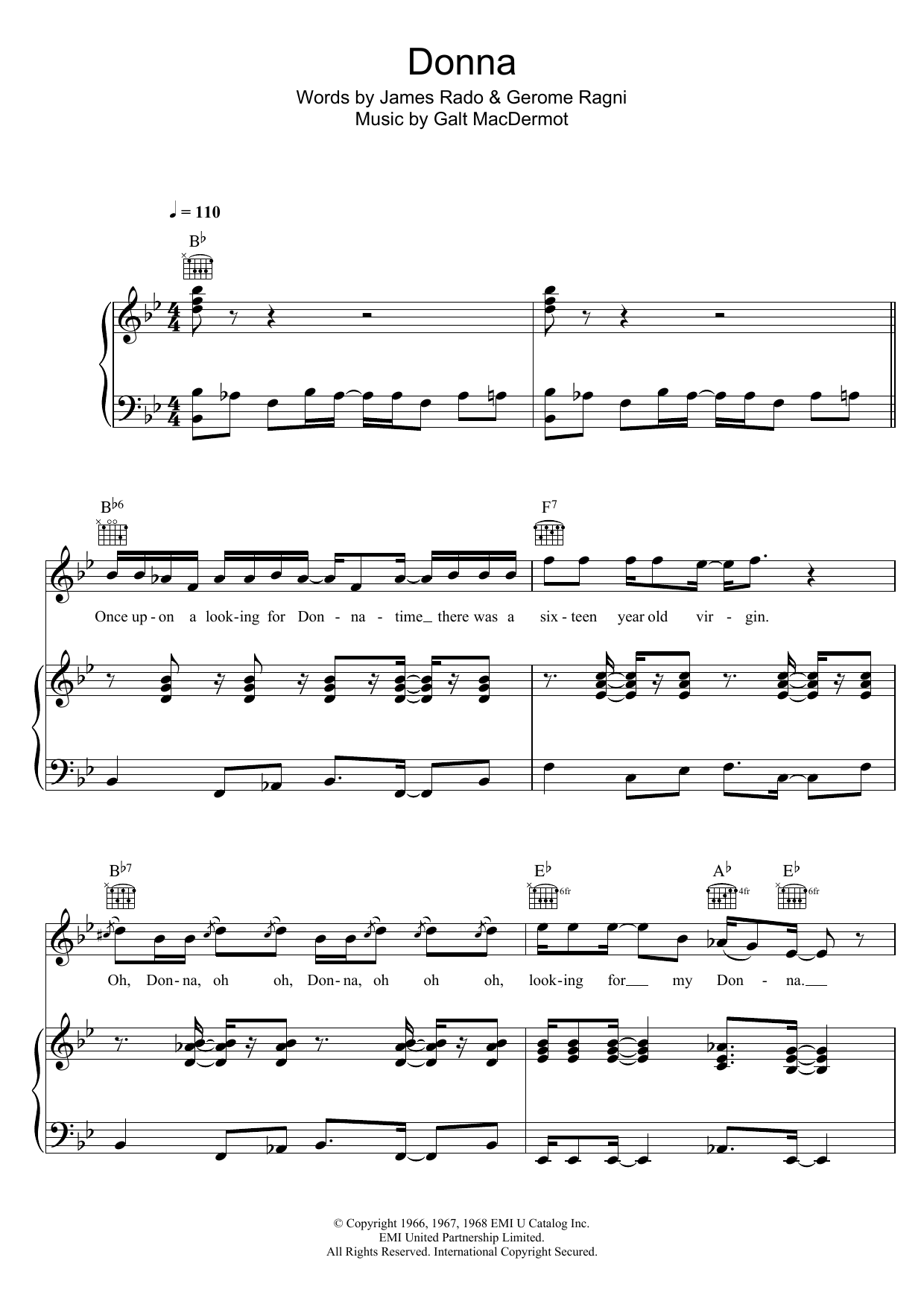 Galt MacDermot Donna (from 'Hair') sheet music notes and chords arranged for Piano, Vocal & Guitar Chords