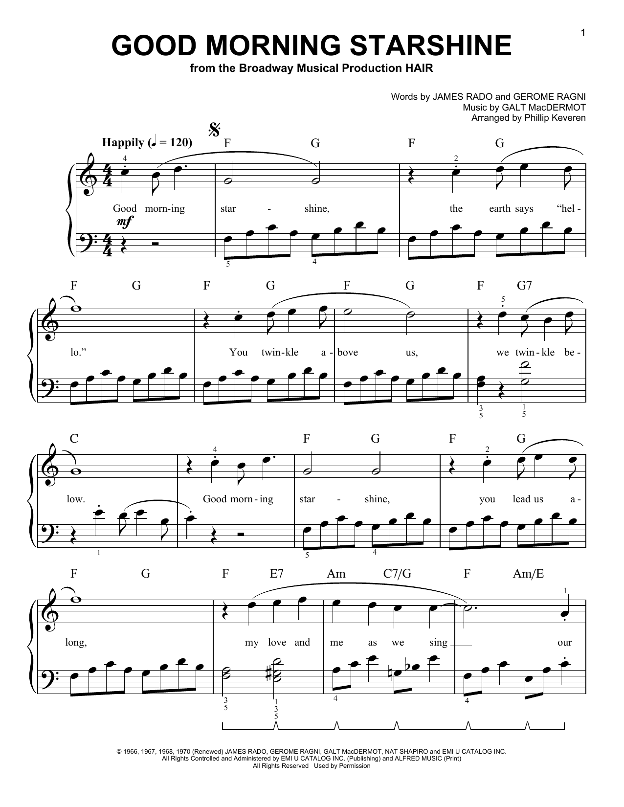 Galt MacDermot Good Morning Starshine (arr. Phillip Keveren) sheet music notes and chords arranged for Easy Piano