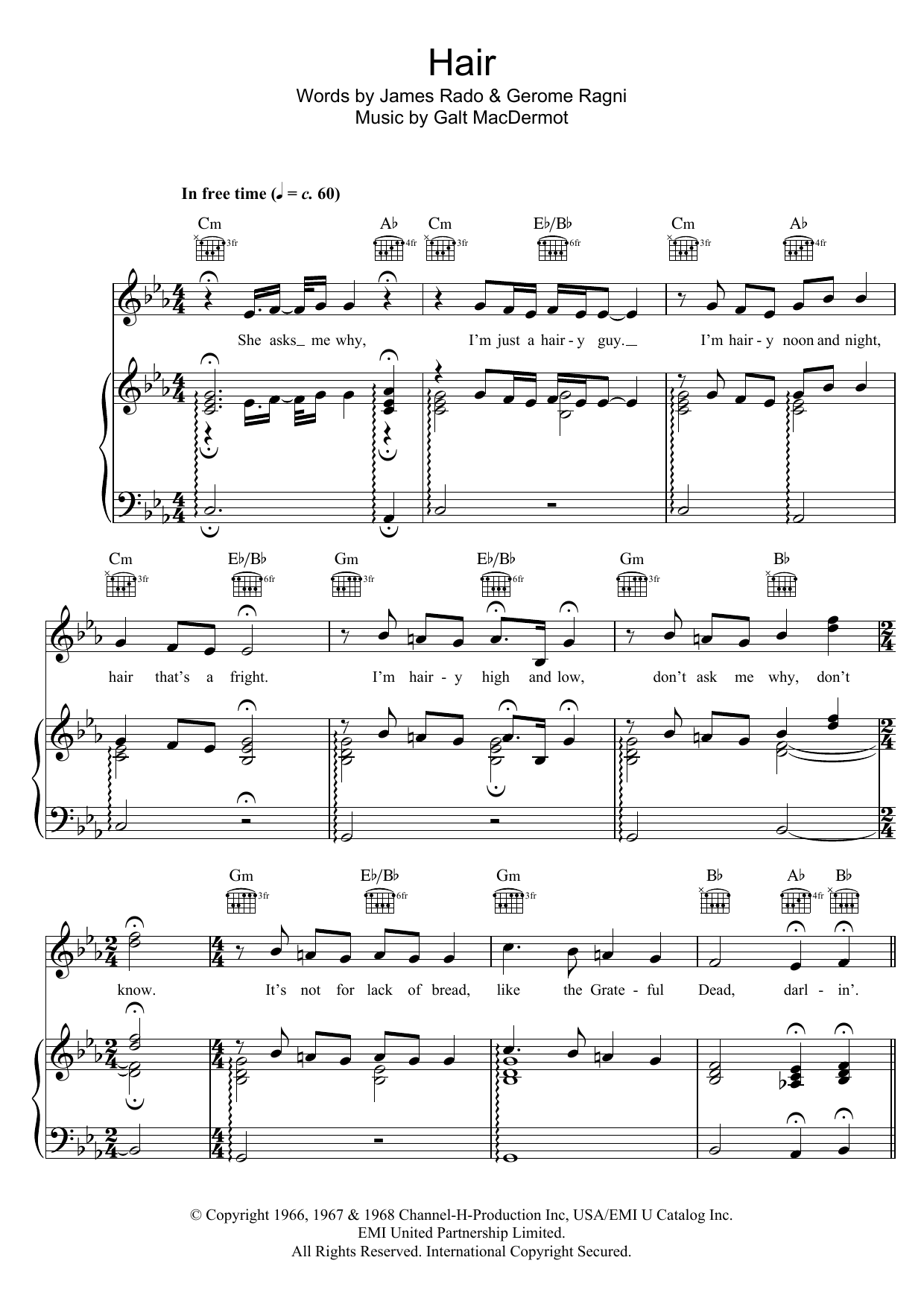 Galt MacDermot Hair (from 'Hair') sheet music notes and chords arranged for Piano, Vocal & Guitar Chords
