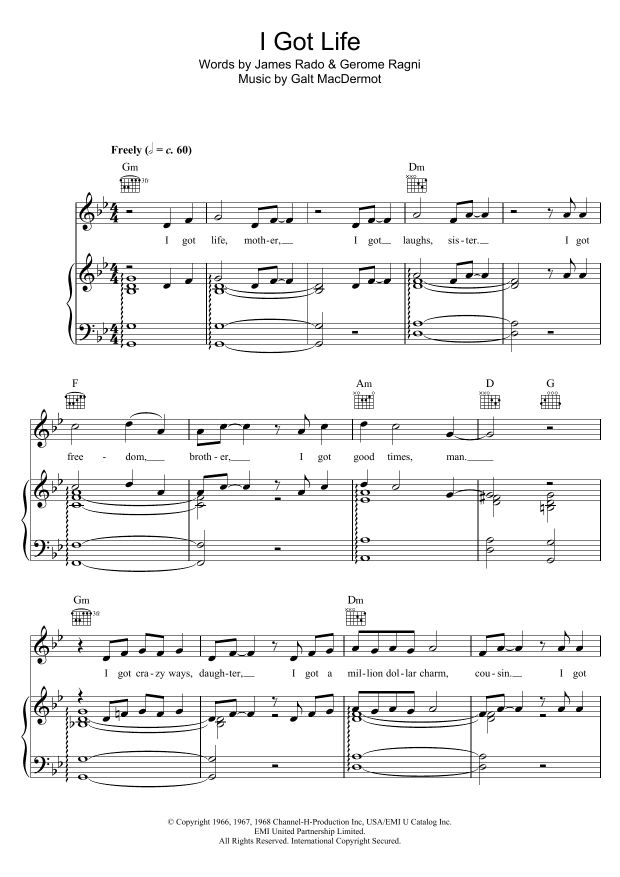 Galt MacDermot I Got Life (from 'Hair') sheet music notes and chords arranged for Easy Piano