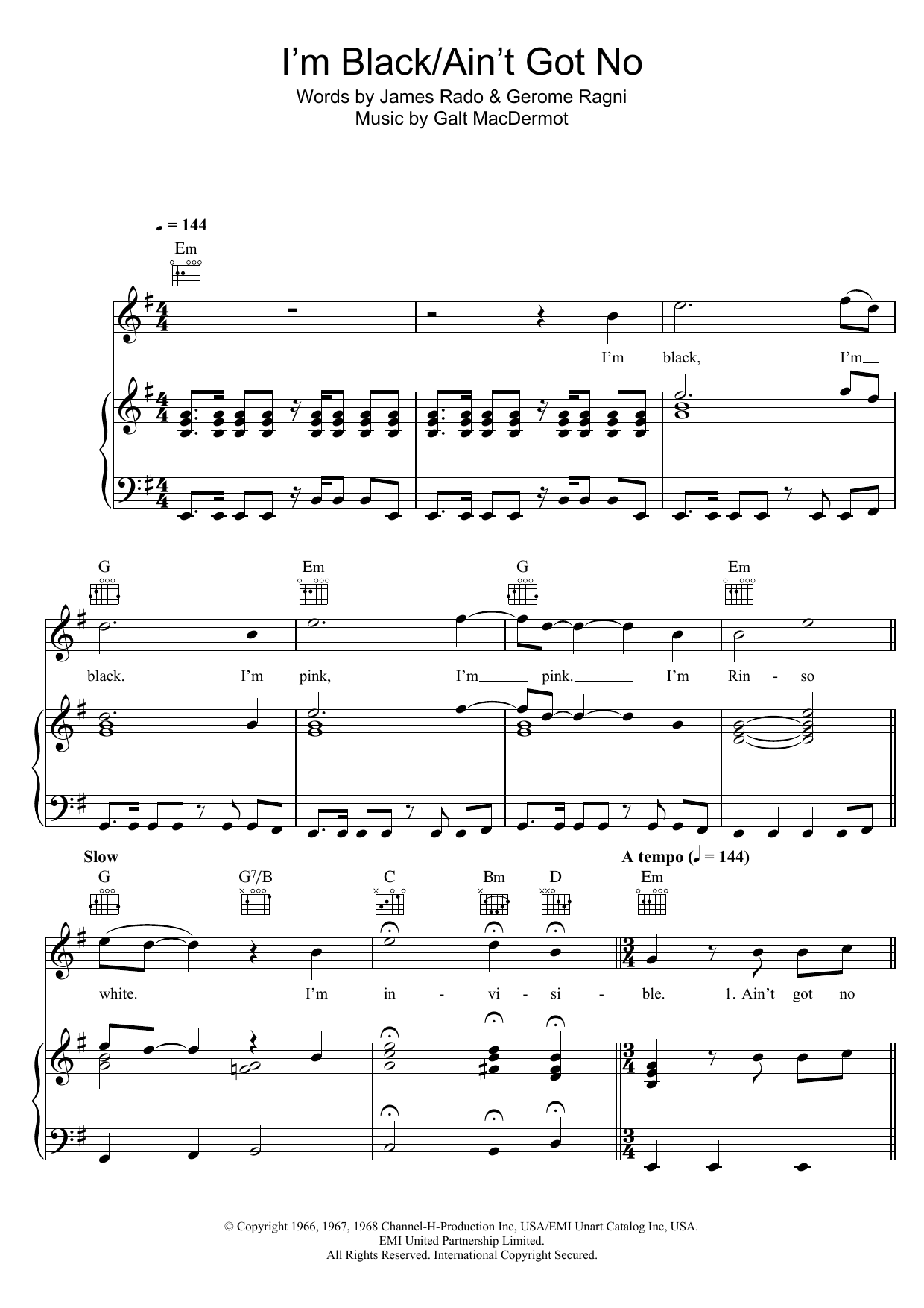 Galt MacDermot I'm Black/Ain't Got No (from 'Hair') sheet music notes and chords arranged for Piano, Vocal & Guitar Chords