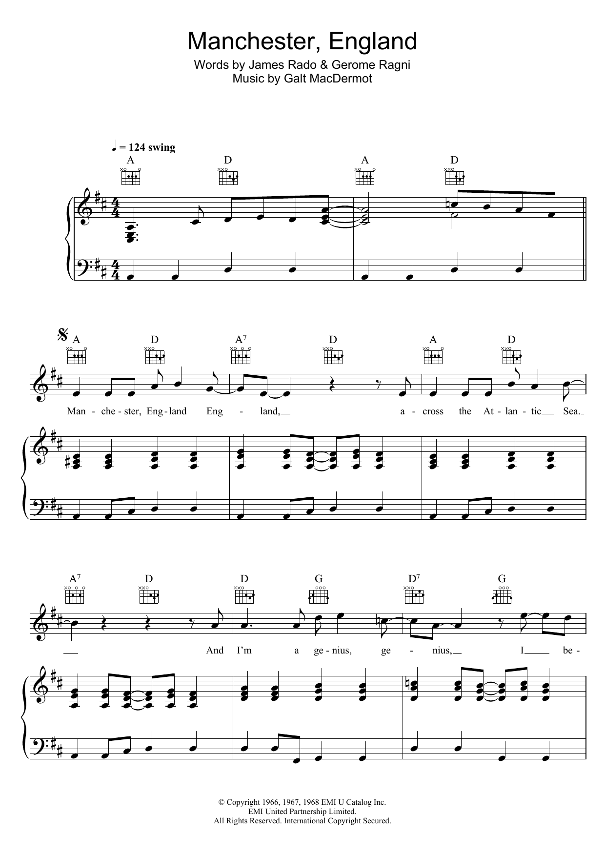 Galt MacDermot Manchester, England (from 'Hair') sheet music notes and chords arranged for Piano, Vocal & Guitar Chords