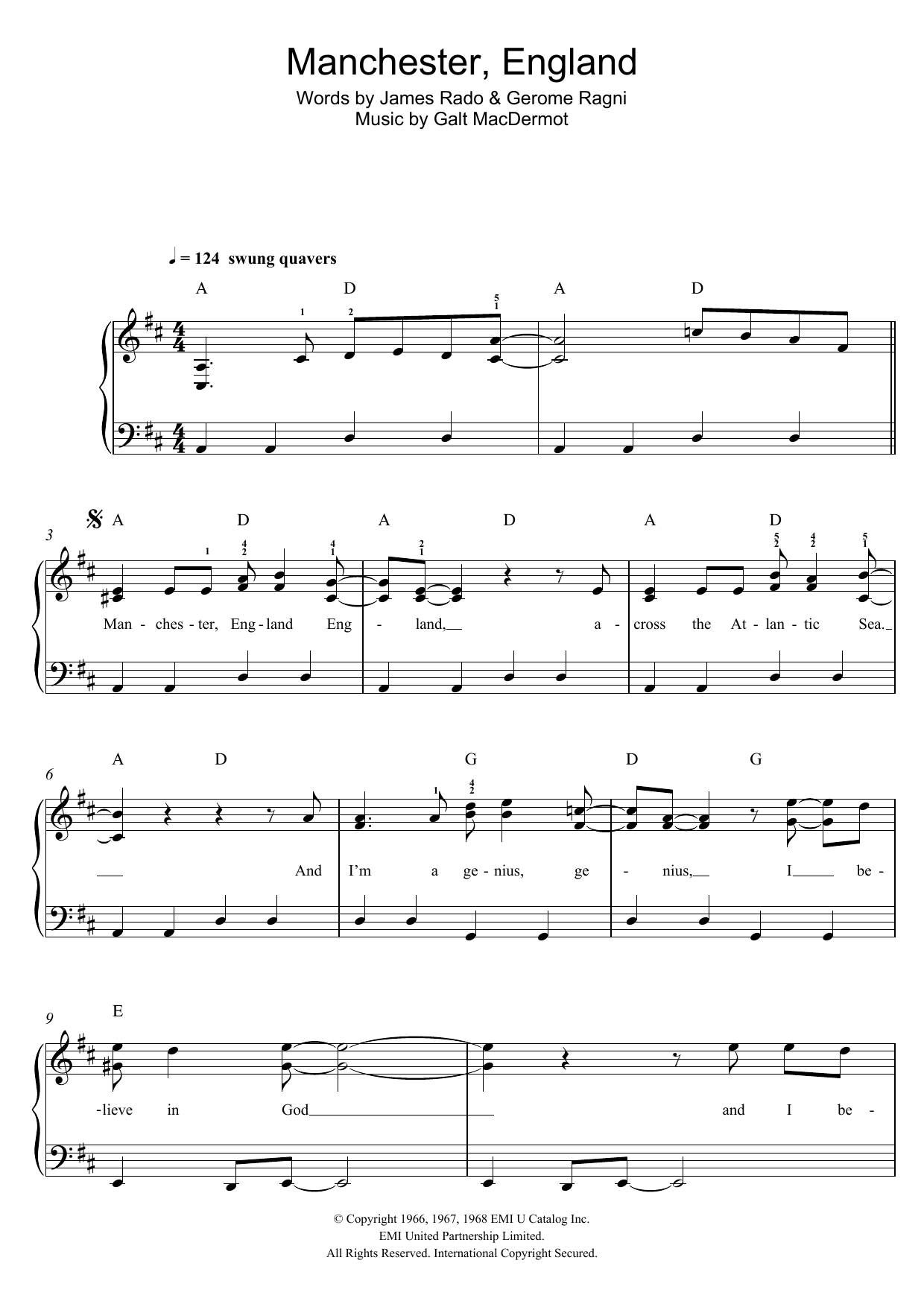 Galt MacDermot Manchester, England sheet music notes and chords arranged for Easy Piano
