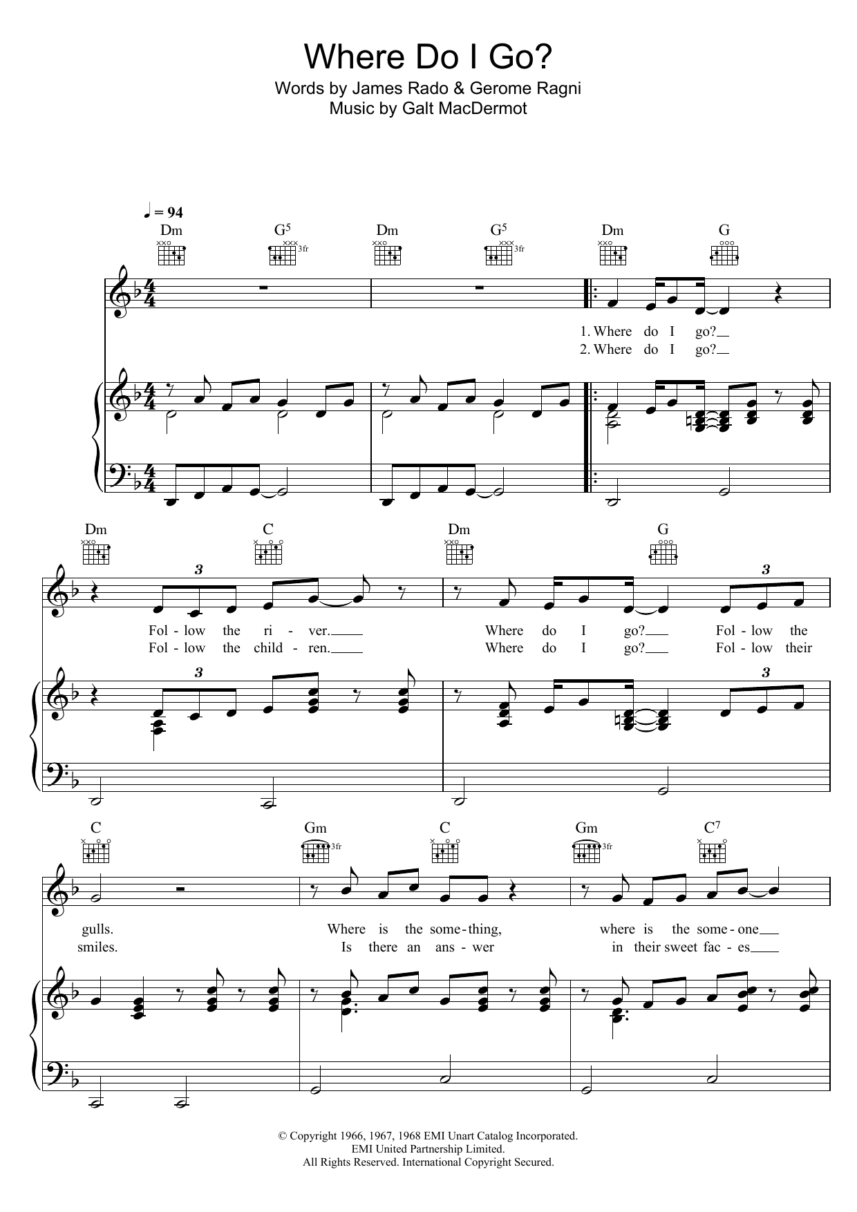 Galt MacDermot Where Do I Go? (from 'Hair') sheet music notes and chords arranged for Piano, Vocal & Guitar Chords