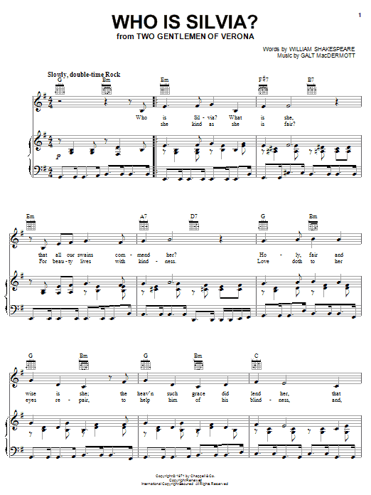 Galt MacDermott Who Is Silvia? sheet music notes and chords arranged for Piano, Vocal & Guitar Chords (Right-Hand Melody)