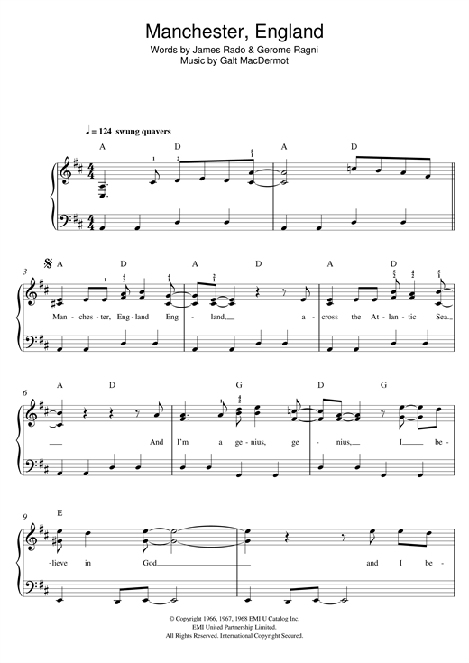 Galt MacDermot Manchester, England sheet music notes and chords arranged for Easy Piano