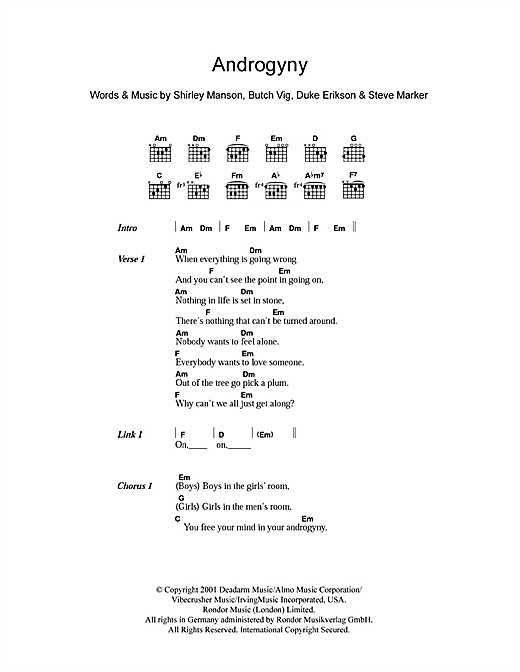 Garbage Androgyny sheet music notes and chords arranged for Guitar Chords/Lyrics