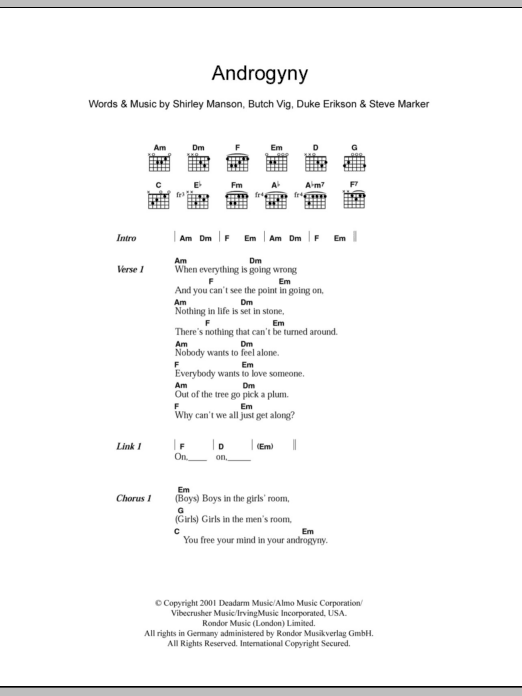 Garbage Androgyny sheet music notes and chords arranged for Guitar Chords/Lyrics