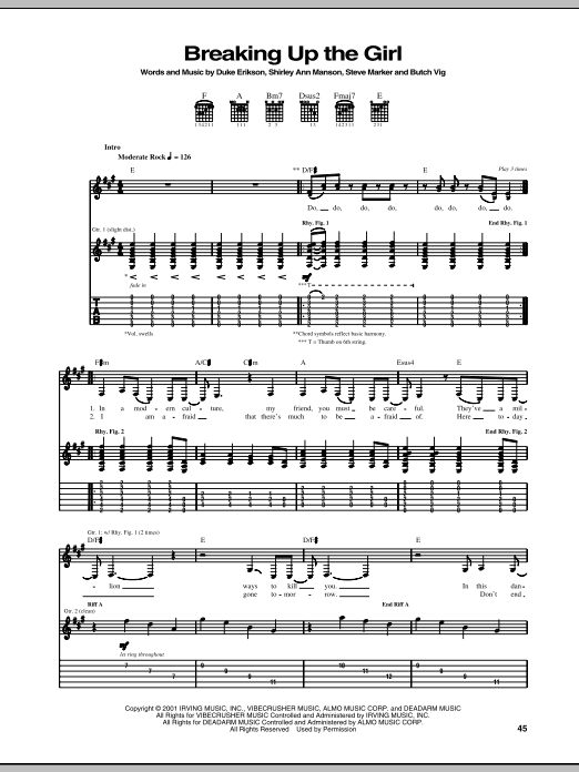 Garbage Breaking Up The Girl sheet music notes and chords arranged for Guitar Tab