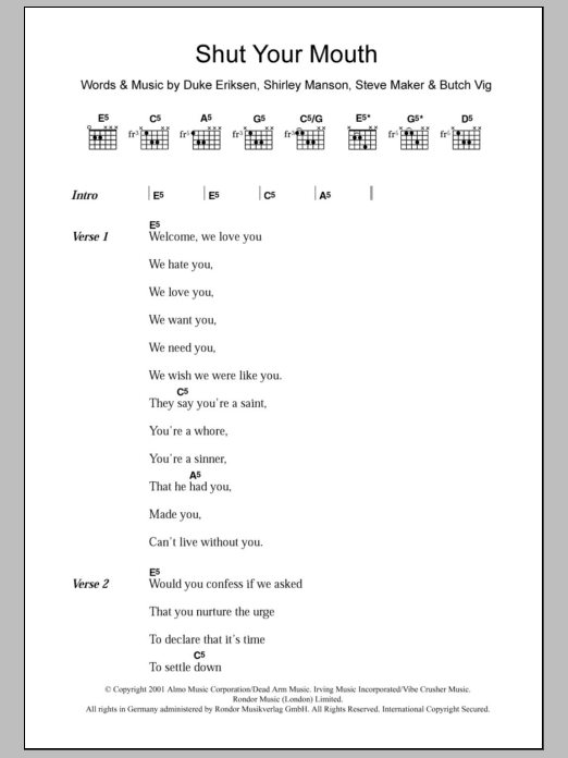 Garbage Shut Your Mouth sheet music notes and chords arranged for Guitar Chords/Lyrics