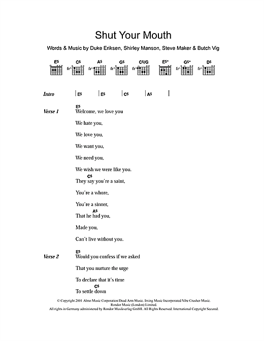 Garbage Shut Your Mouth sheet music notes and chords arranged for Guitar Chords/Lyrics