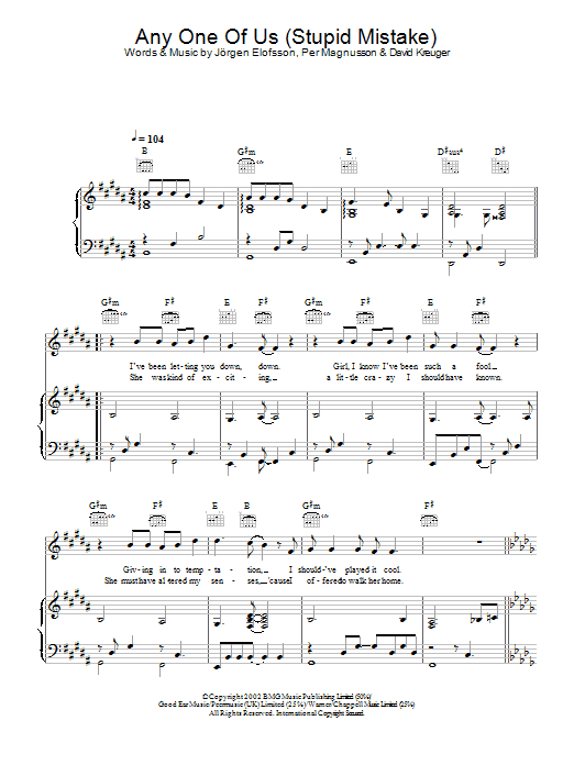 Gareth Gates Anyone Of Us (Stupid Mistake) sheet music notes and chords arranged for Piano Chords/Lyrics