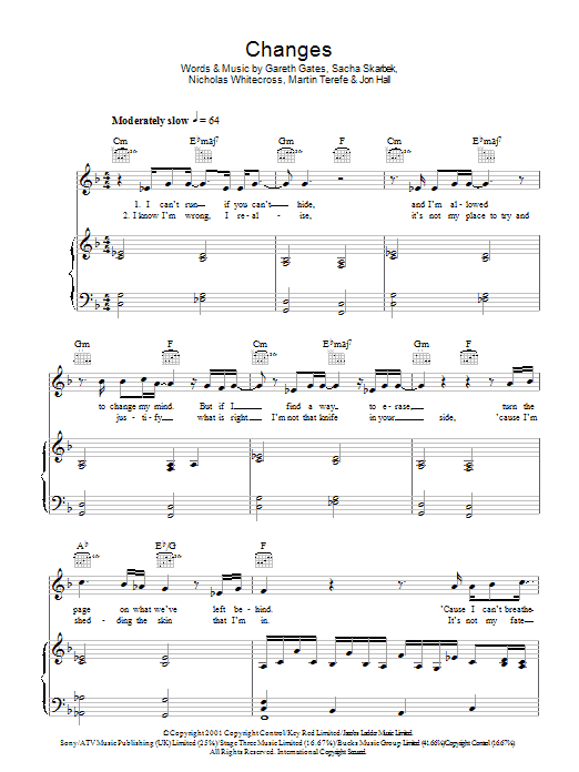 Gareth Gates Changes sheet music notes and chords arranged for Piano, Vocal & Guitar Chords