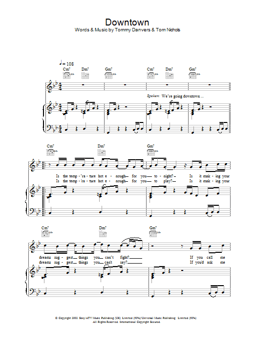 Gareth Gates Downtown sheet music notes and chords arranged for Piano, Vocal & Guitar Chords