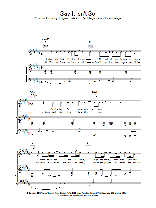 Gareth Gates Say It Isn't So sheet music notes and chords arranged for Piano, Vocal & Guitar Chords