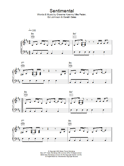 Gareth Gates Sentimental sheet music notes and chords arranged for Piano, Vocal & Guitar Chords
