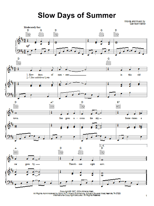 Garrison Keillor Slow Days Of Summer sheet music notes and chords arranged for Piano, Vocal & Guitar Chords (Right-Hand Melody)