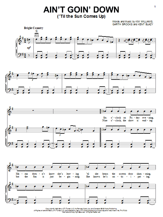 Garth Brooks Ain't Goin' Down ('Til The Sun Comes Up) sheet music notes and chords arranged for Guitar Lead Sheet