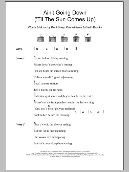 Garth Brooks Ain't Going Down (Til The Sun Comes Up) sheet music notes and chords arranged for Guitar Chords/Lyrics