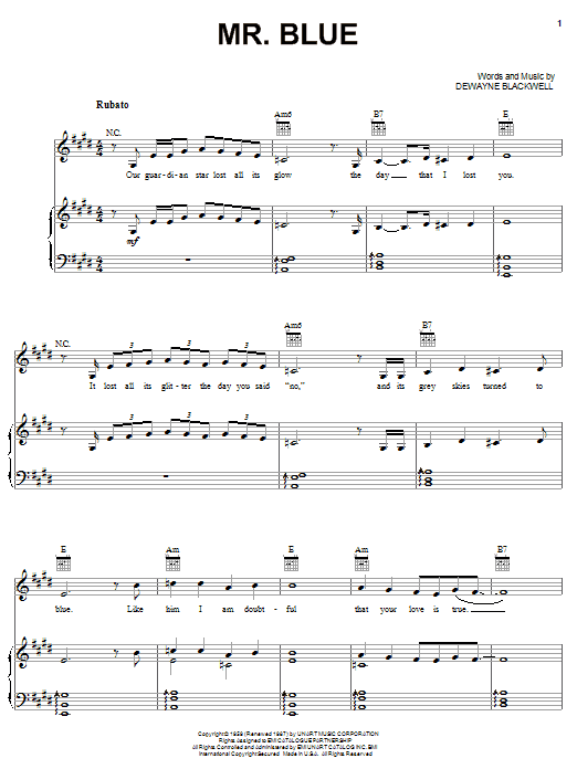 Garth Brooks Mr. Blue sheet music notes and chords arranged for Piano, Vocal & Guitar Chords (Right-Hand Melody)